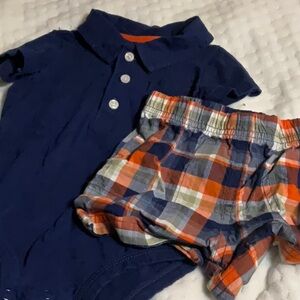 Carter's Navy Onesie and Orange Plaid Shorts Set